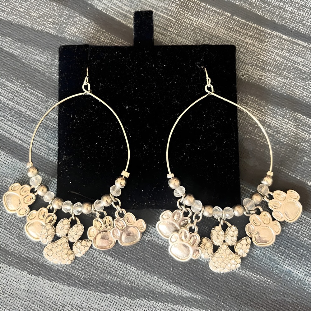 Silver Tone Dangling Earrings with Puppy Paws Charms; New!!